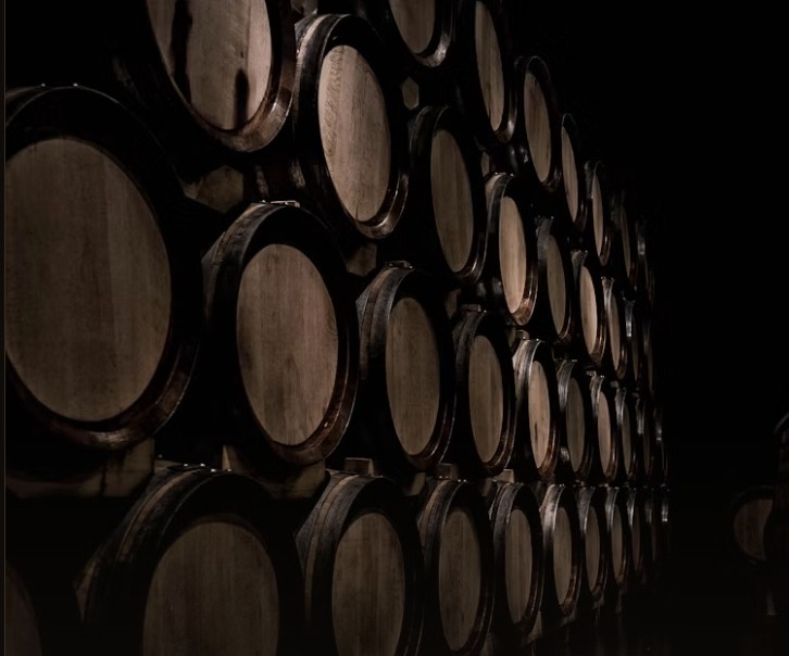 Charred oak barrels resting in a dim cellar